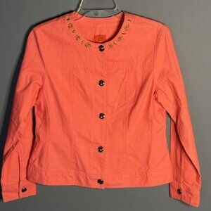 Hearts Of Palm Coral 8 Floral Embroidery Button Casual Feminine Layering Stretch